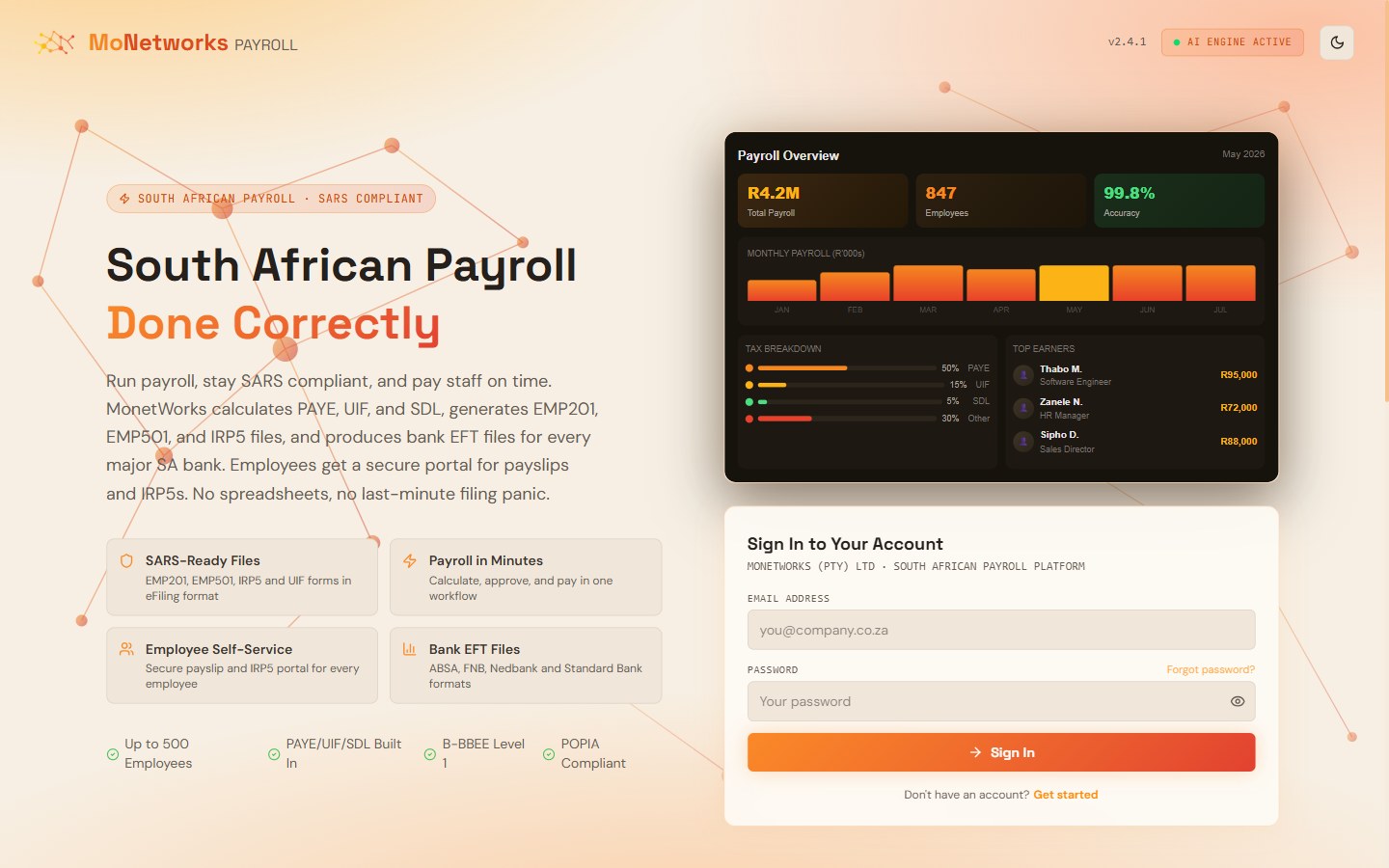 MonetWorks Payroll in light mode: payroll overview, SARS-ready files and bank EFT formats