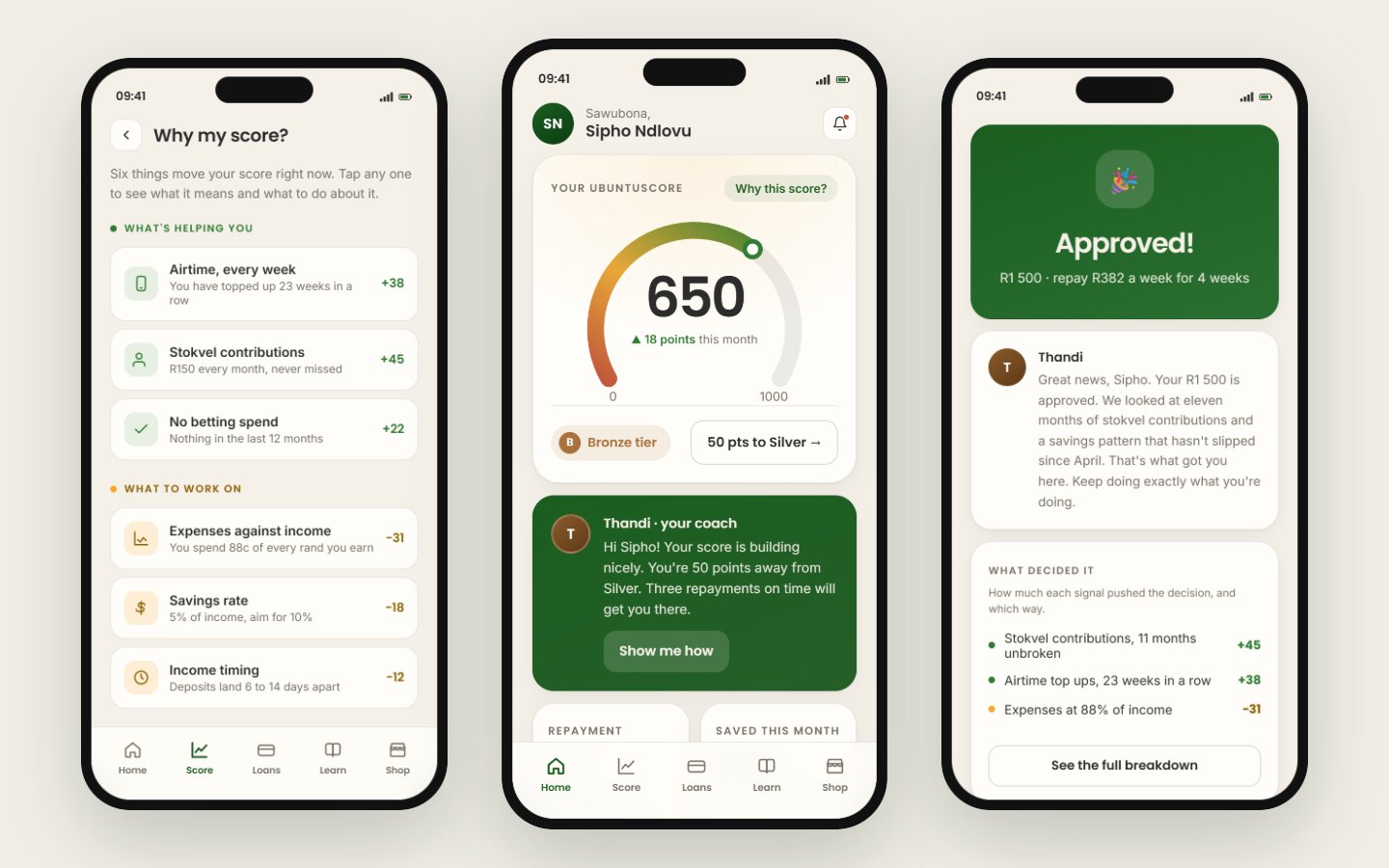 UbuntuScore mobile app showing a credit score, the reasons behind it and a loan decision